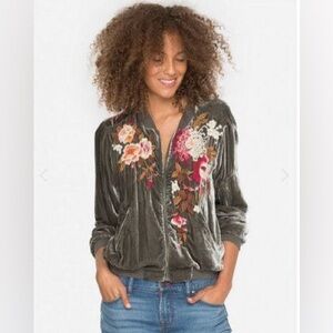 Johnny Was olive green velvet embroidered bomber